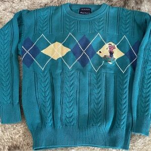 VTG Gant Hand Intarsia Teal Knit Sweater Golf Argyle Cotton Preppy Sport Size L